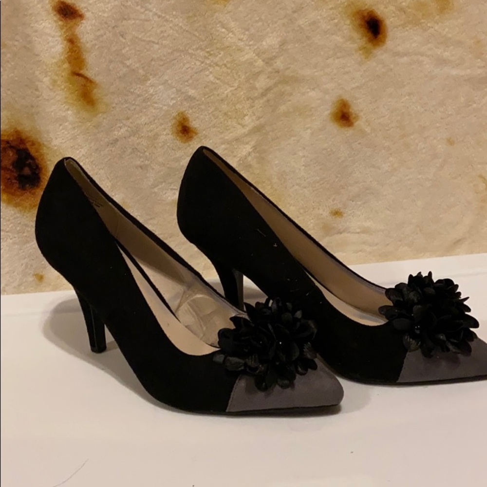 Andiamo Pointed Flower black suede spike dress heals